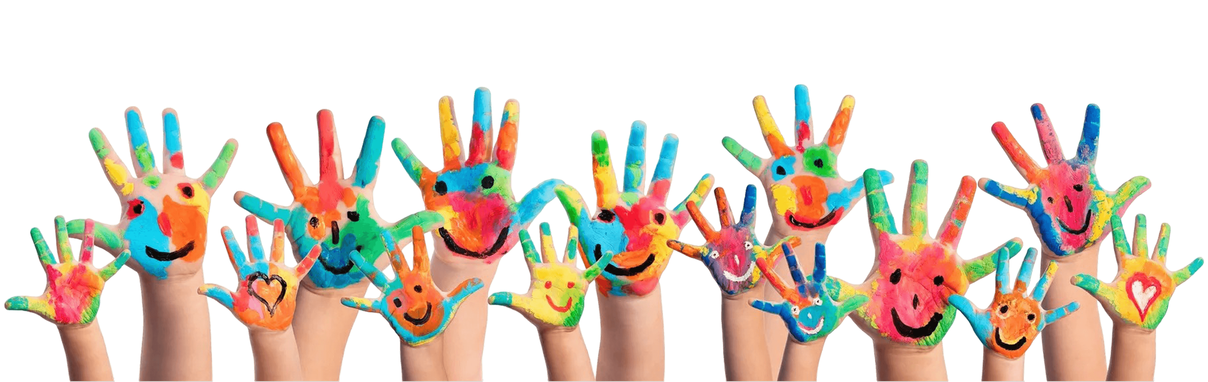 Colorful painted hands with smiling faces.