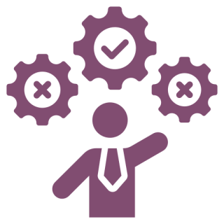 Mask group-1 Person with gears and checkmark, decision-making concept.